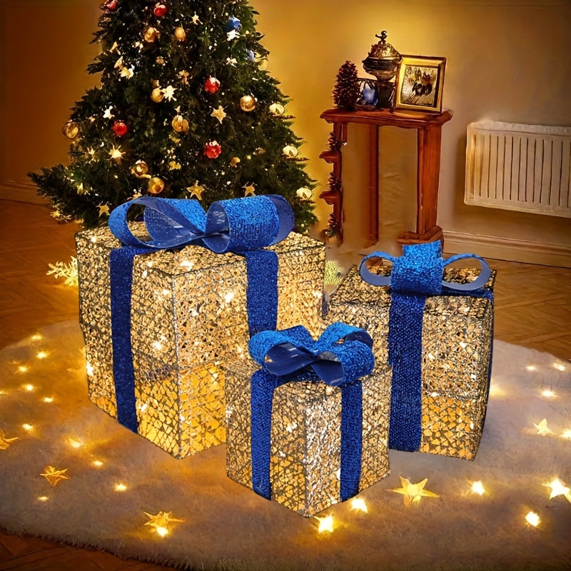 GlowGifts - Set di 3 Scatole Regalo di Natale Illuminati con Fiocchi