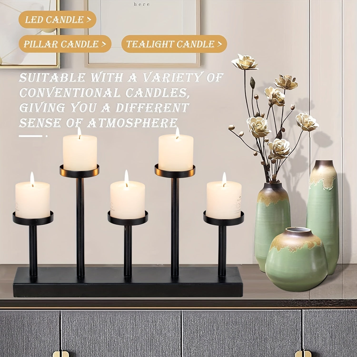 Elegant Black Candlestick Table Decoration – 5-Pillar Candle Holder for Weddings, Parties, Dinner Tables
