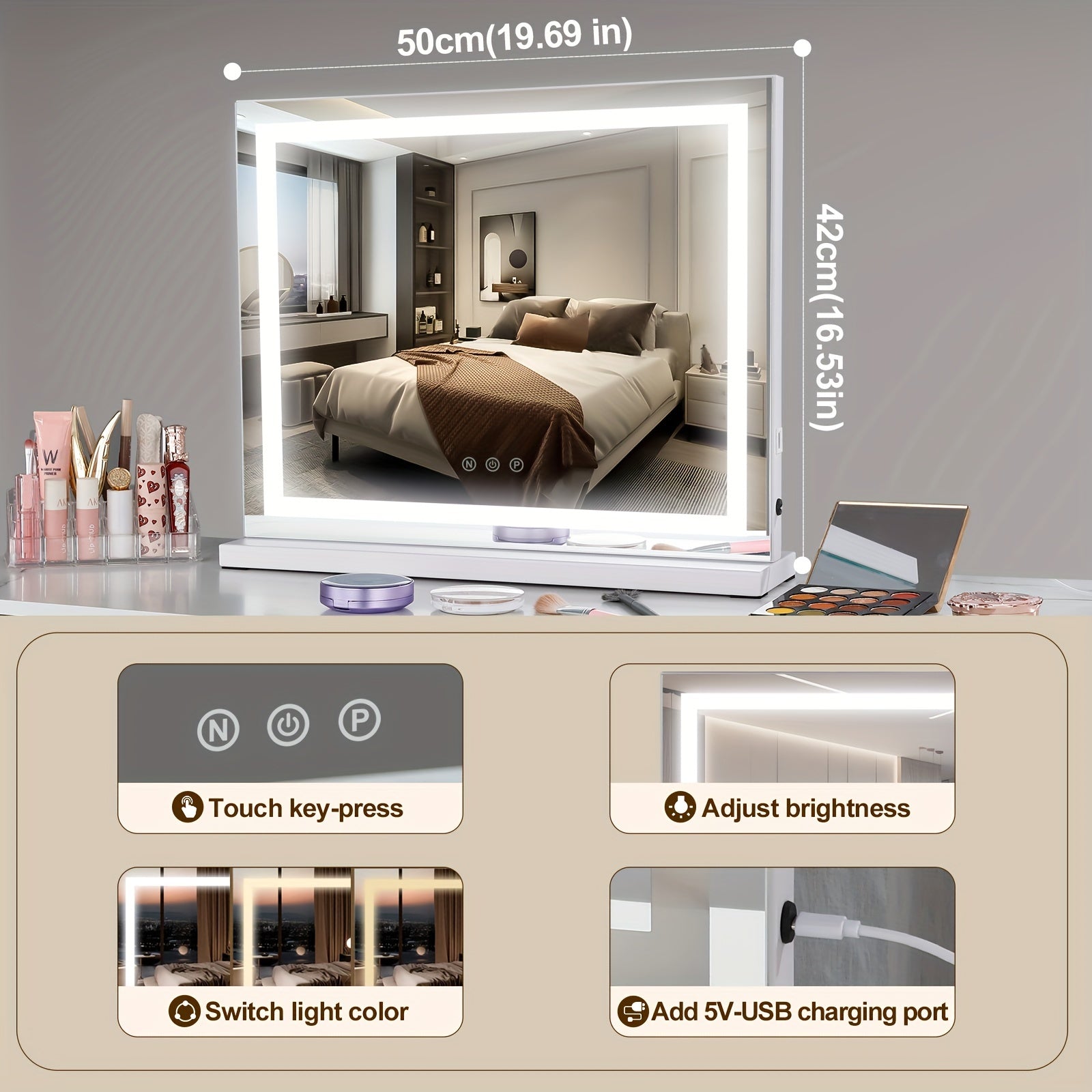 Specchio per trucco LED – Striscia luminosa orizzontale, controllo touch intelligente, alimentato via USB, specchio portatile luminoso