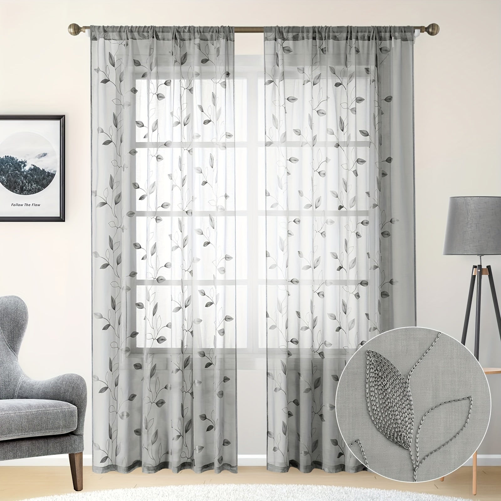 Embroidered Curtains with Leaves - 2 Pieces Semi-transparent for Bedroom and Living Room