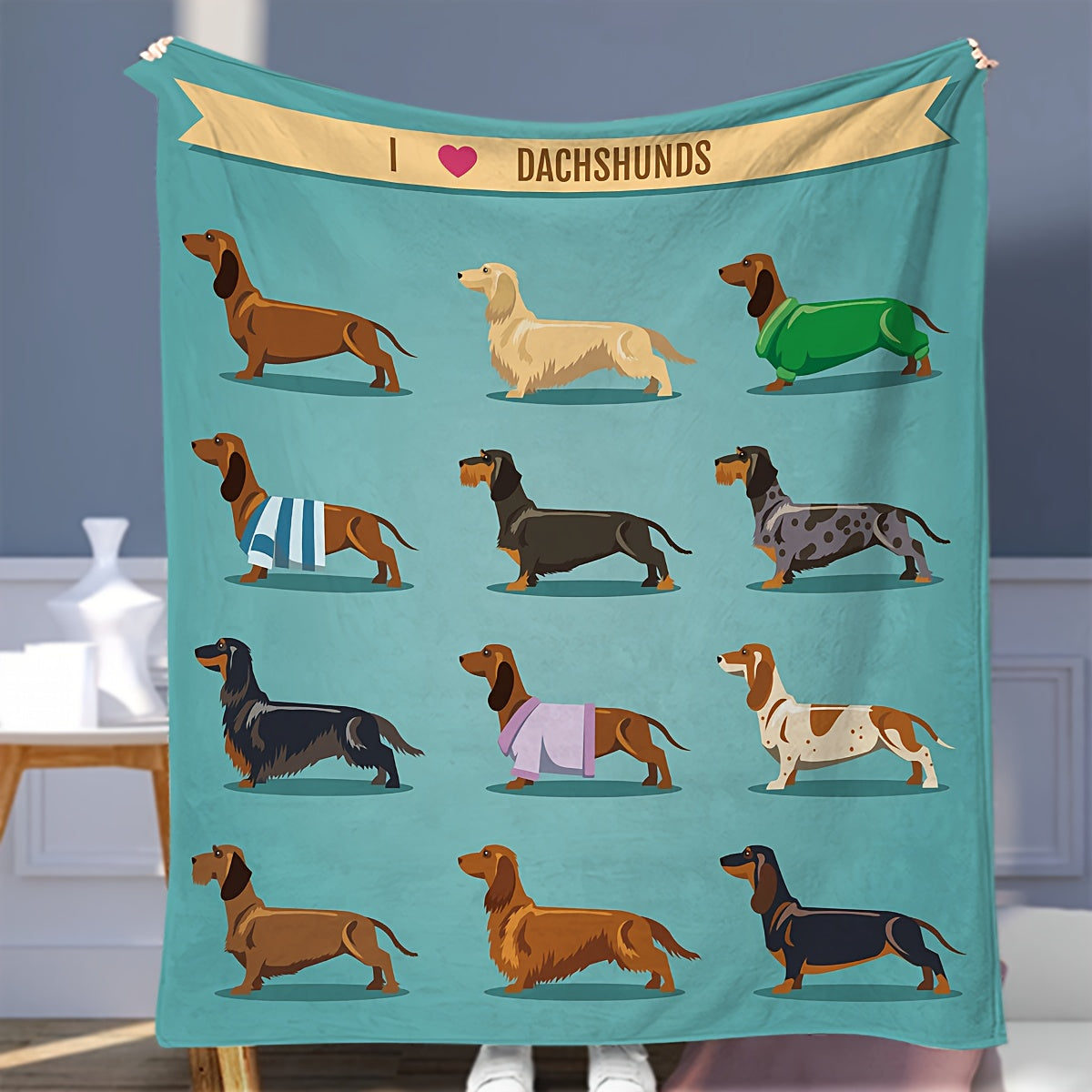 Teckel Fleece Blanket - Soft Flannel with Wiener Dog Print, Blue