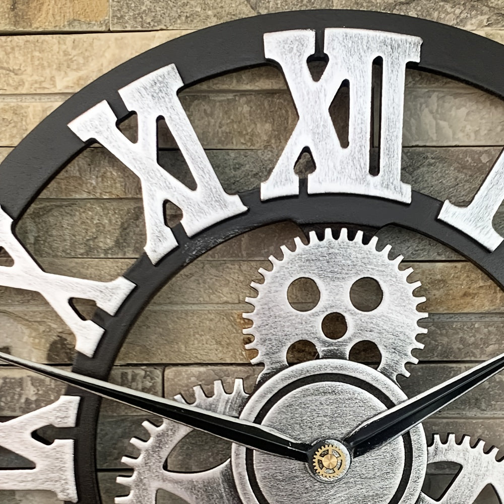 Oversized Silver-Colored Roman Gear Wall Clock - Silent Clock for Living Room, Office, and Kitchen Product Description