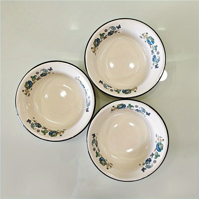 FlowerEnamel - Conjunto de 3 Peças Tigelas de Esmalte com Flores Vintage para Cozinha e Sala de Jantar