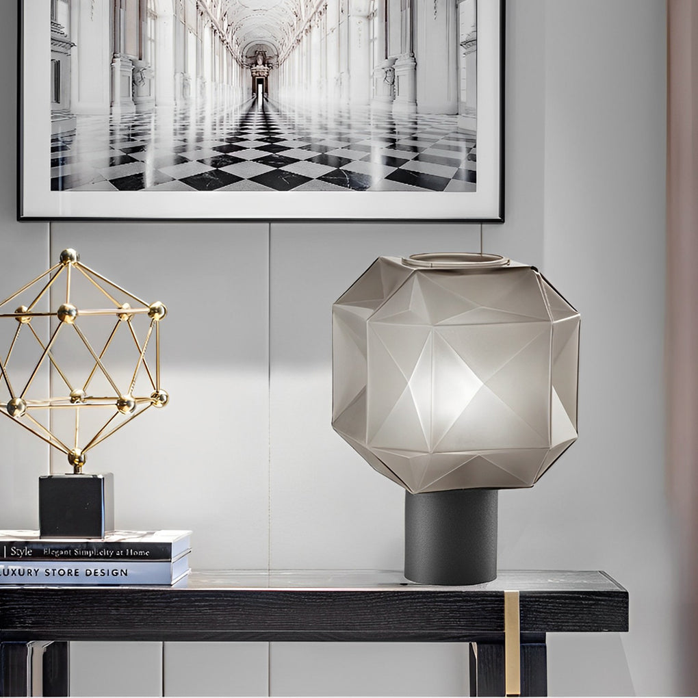 1-Licht Cubo Lampada da Tavolo con Paralume in Vetro Grigio Fumè