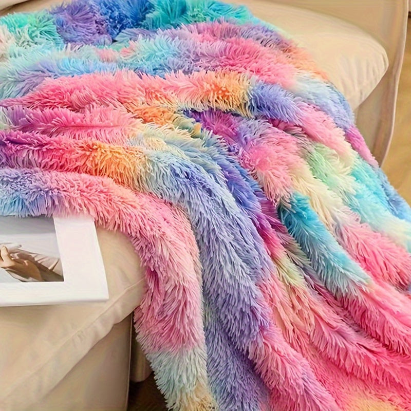 Colorful Rainbow Faux Fur Blanket - Cozy Plush Coral Fleece, Thick Warm Winter Sofa Blanket, Contemporary Style
