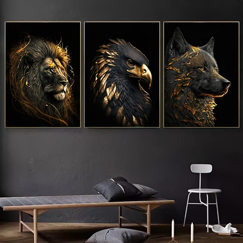 3 pezzi Poster in Tela Non Incorniciati - Arte Moderna, Dipinti Astratti del Leone d'Oro e dell'Aquila, Regalo Ideale per Camera da Letto, Soggiorno, Corridoio, Decorazione da Parete, Decorazione Invernale, Abbellimento della Stanza