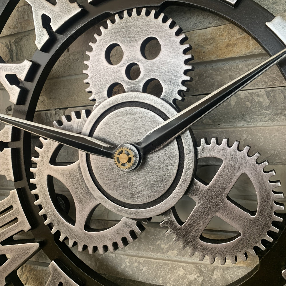 Oversized Silver-Colored Roman Gear Wall Clock - Silent Clock for Living Room, Office, and Kitchen Product Description