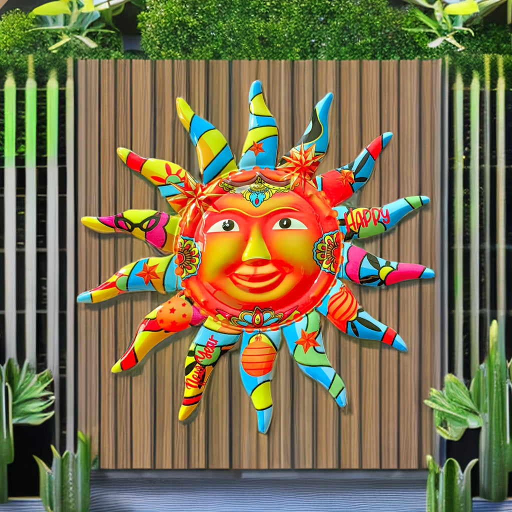 2024 Grote Feliz Ano Novo Sol Rosto Arte de Parede de Ferro - Decoração Exterior e Interior, Design Circular, Decoração de Pátio, Presente Eid Al-Adha Mubarak - Durável, Resistente ao Tempo, Fácil de Pendurar