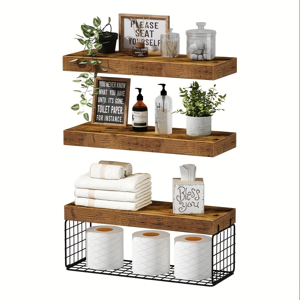 TowelShelf - 3 Stks Houten Drijvend Opbergrek - Wandgemonteerde Badkamer Planken