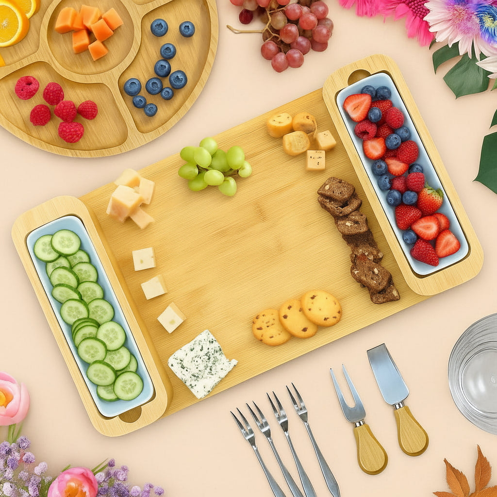 Bamboo Charcuterie Board Set Hidden Drawer Tool