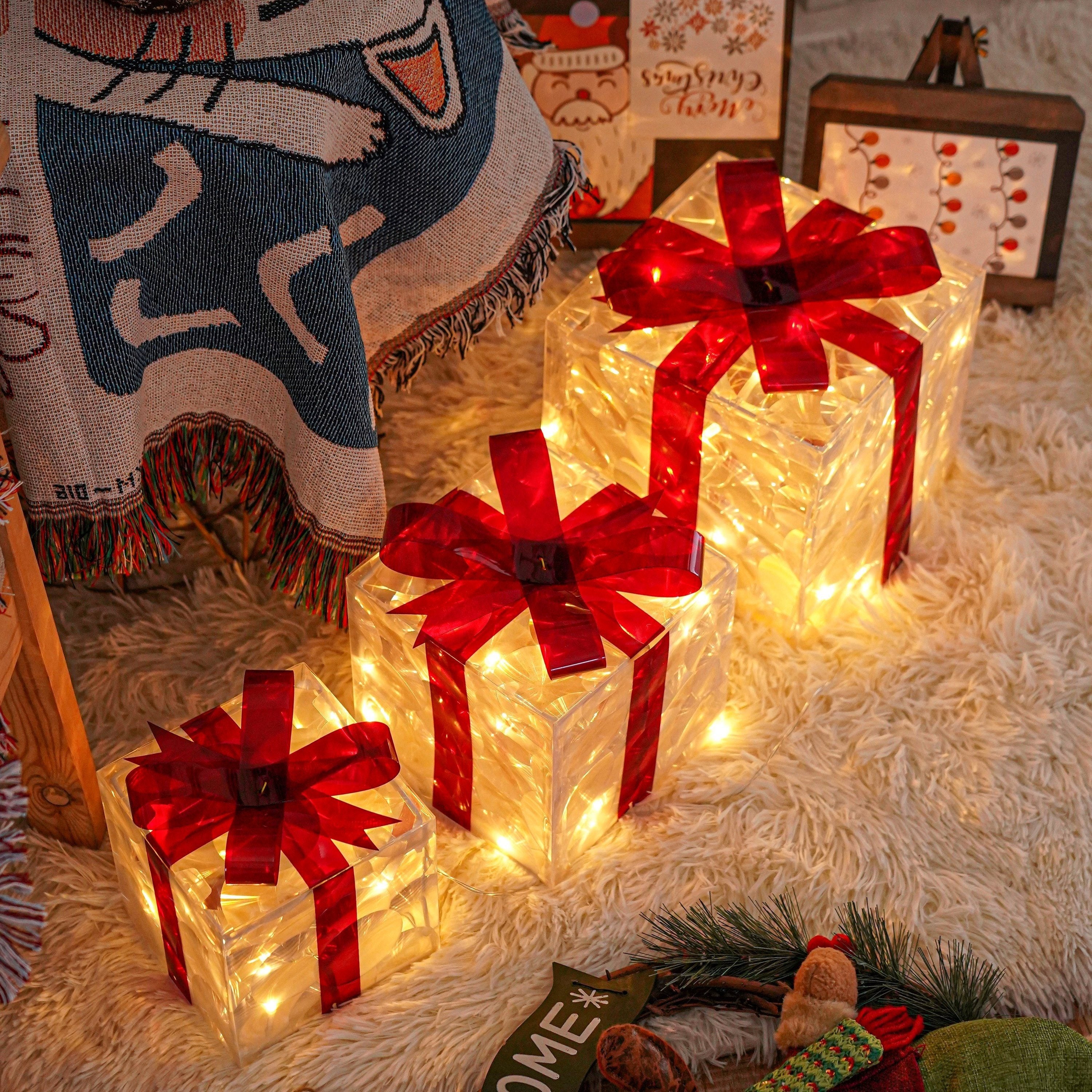 CadeauLicht - Set of 3 Lighted Christmas Gift Boxes with Red Bow