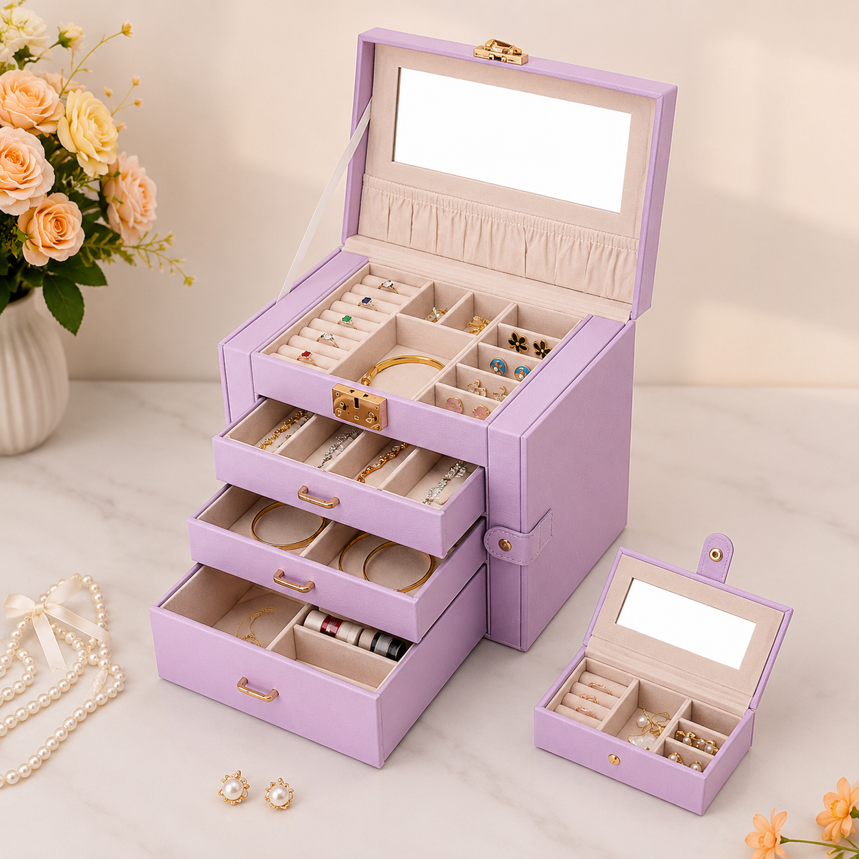 Scatola Portagioie Organizer per Regalo Festa della Mamma con Cassetto e Specchio Armadietto Portaoggetti