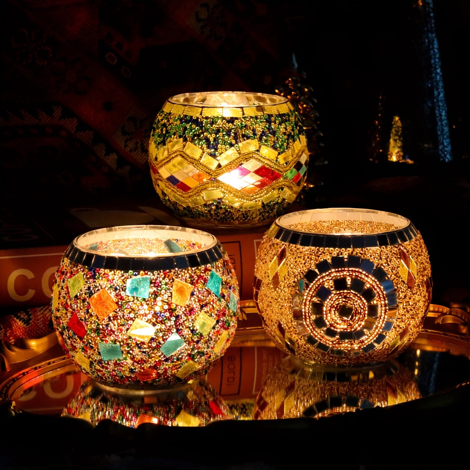 Conjunto de 3 Porta-velas de Mosaico - Castiçais Únicos Feitos à Mão