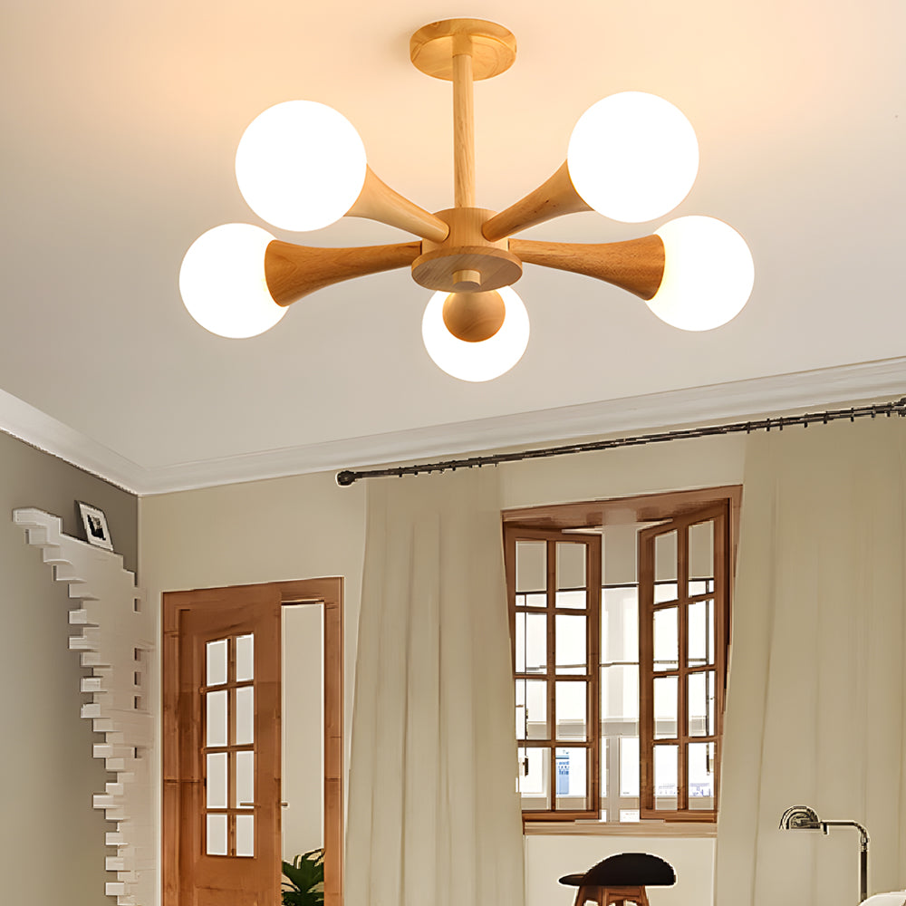 NordicGlow - Scandinavian Wooden Chandelier with Glass Lampshades