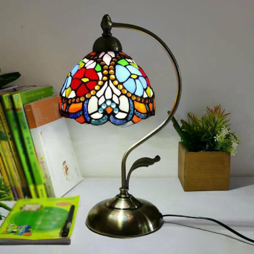 Tiffany Gooseneck Table Lamp - Metal Nightstand Lamp with Hand-Carved Glass Shade