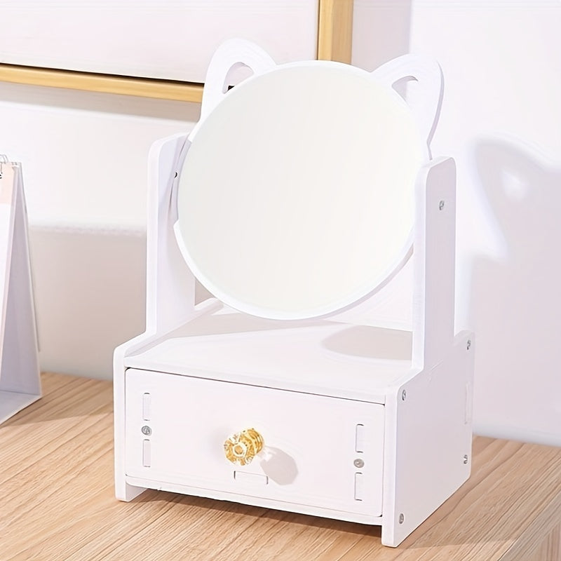 Make-up Spiegel met Lade – 360° Draaibaar, Cosmetica Opbergdoos Met Spiegel, Kattenoren Ontwerp