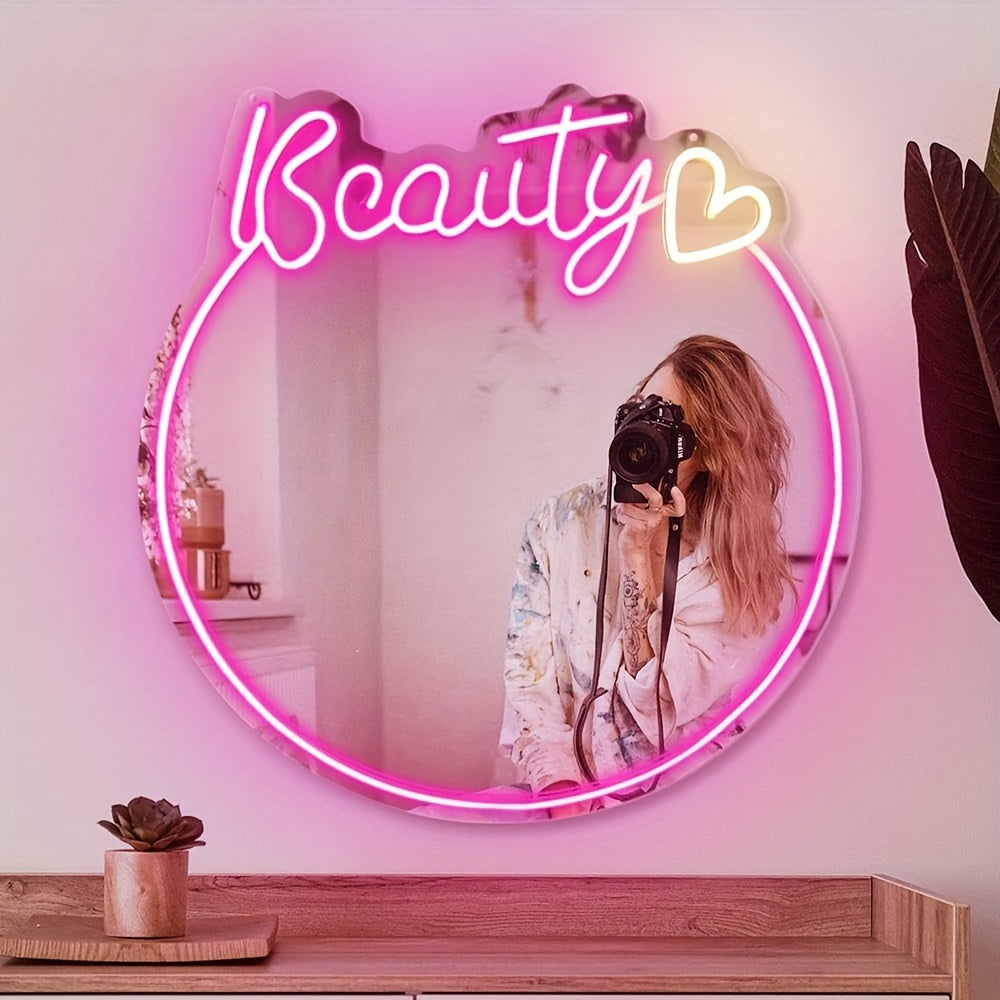 Espelho Beauty Neon - Montagem na Parede, Luz de Espelho Alimentada por USB para Quarto de Raparigas ou Salão de Beleza