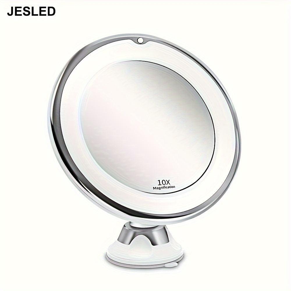 JESLED Specchio da Trucco Ingrandente 10X con Rotazione a 360° e Ventosa – Specchio da Viaggio Illuminato per Uso Domestico e da Tavolo