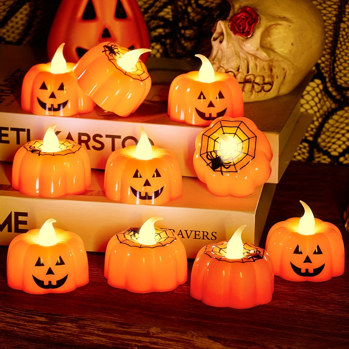 Velas de Abóbora de Halloween LED – 2 unidades, 9,14 cm Design de Lanterna de Jack, Com Pilhas