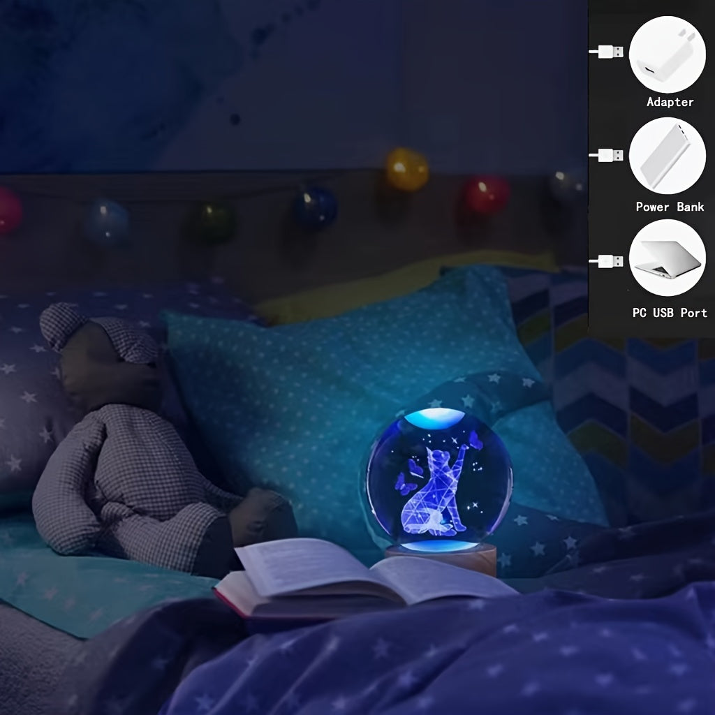 CrystalGlow - Lâmpada Noturna 3D de Gato e Borboleta em Cristal com Base de Madeira