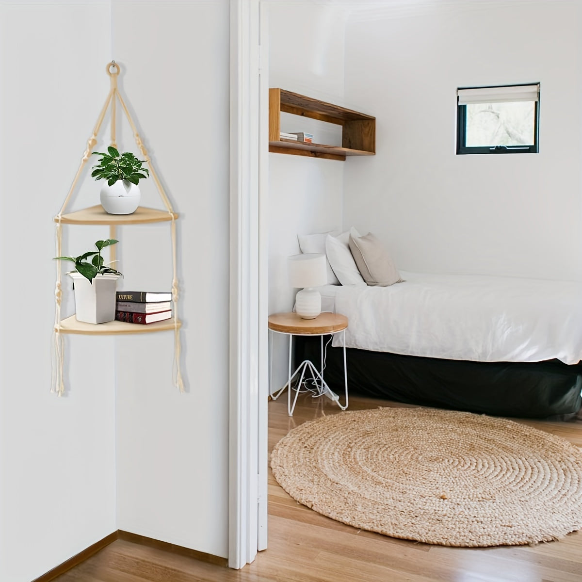 MacrameShelf - Boho Floating Shelves with 2 Layers for Bedroom, Bathroom & Living Room