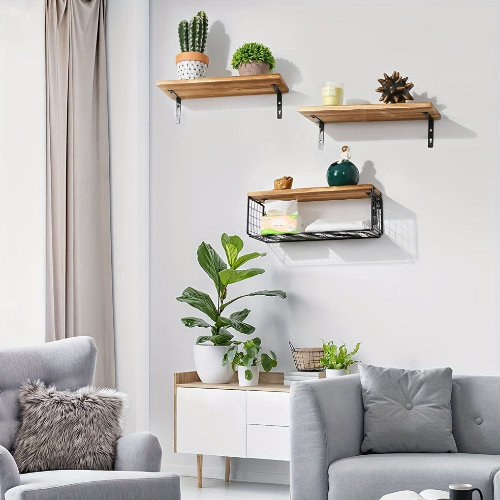 TowelShelf - 3 Pcs Wooden Floating Storage Rack - Wall-Mounted Bathroom Shelves