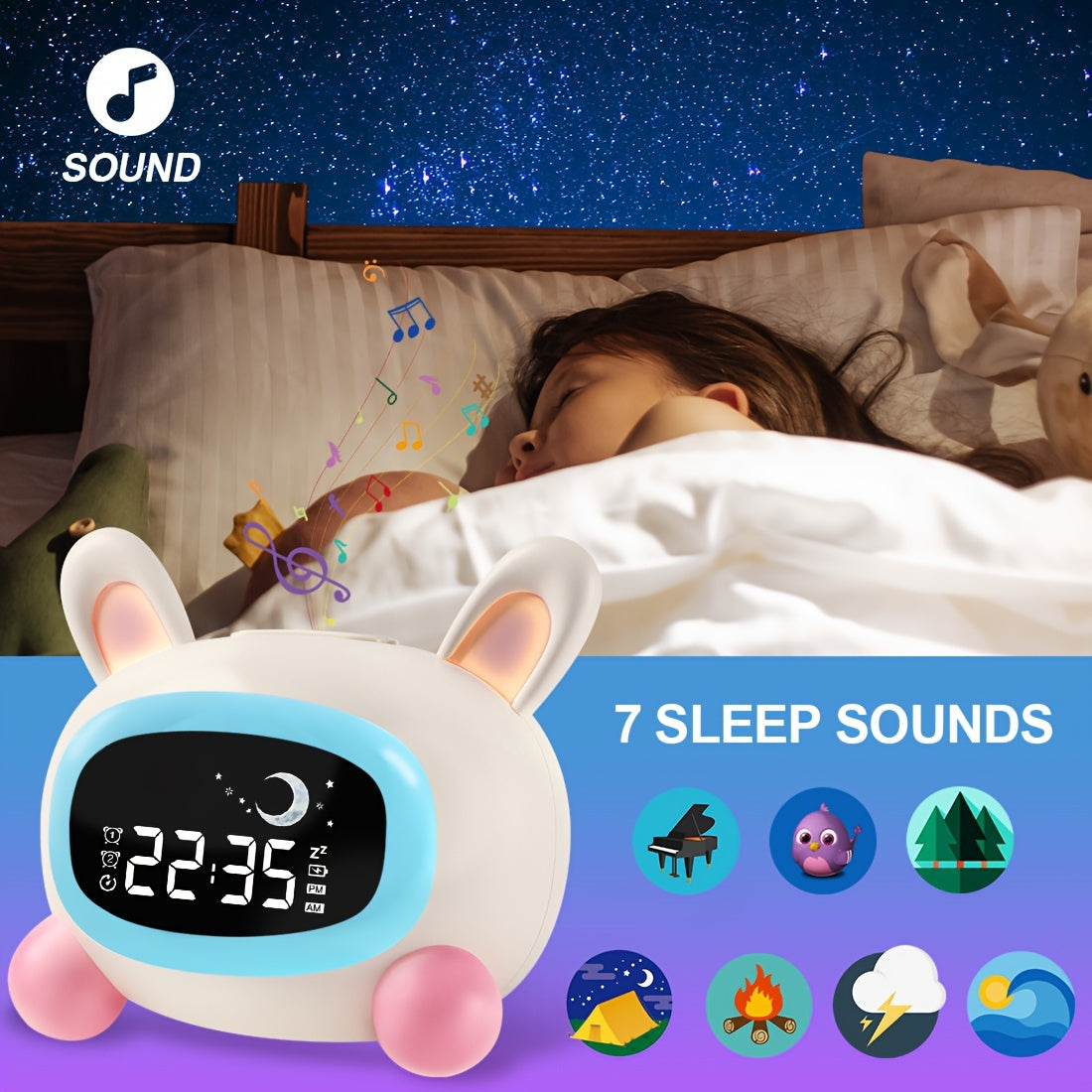 BunnyTime - Relógio de Treino de Sono Fofo com Música e Luz Noturna