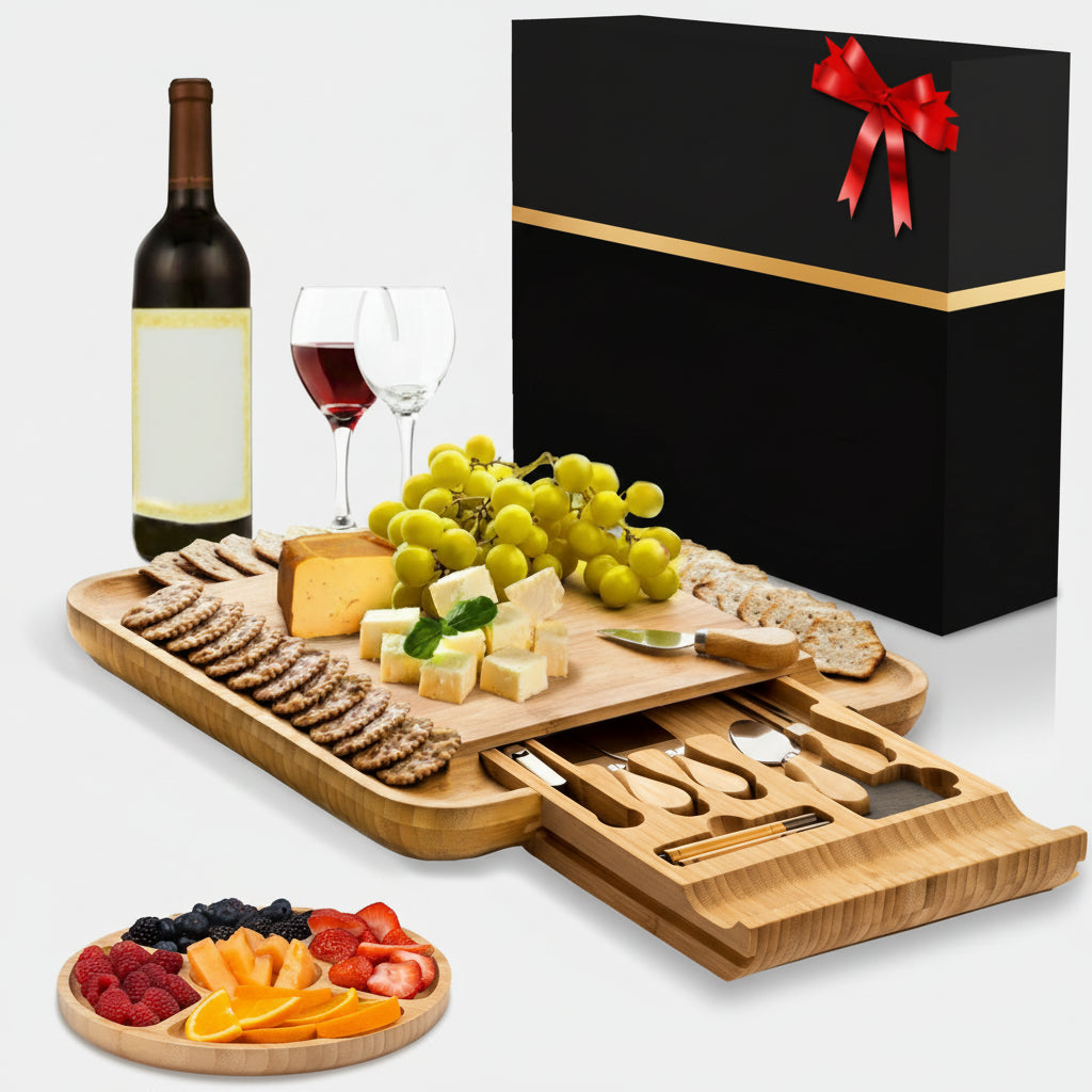 Bamboo Charcuterie Board Set Hidden Drawer Tool