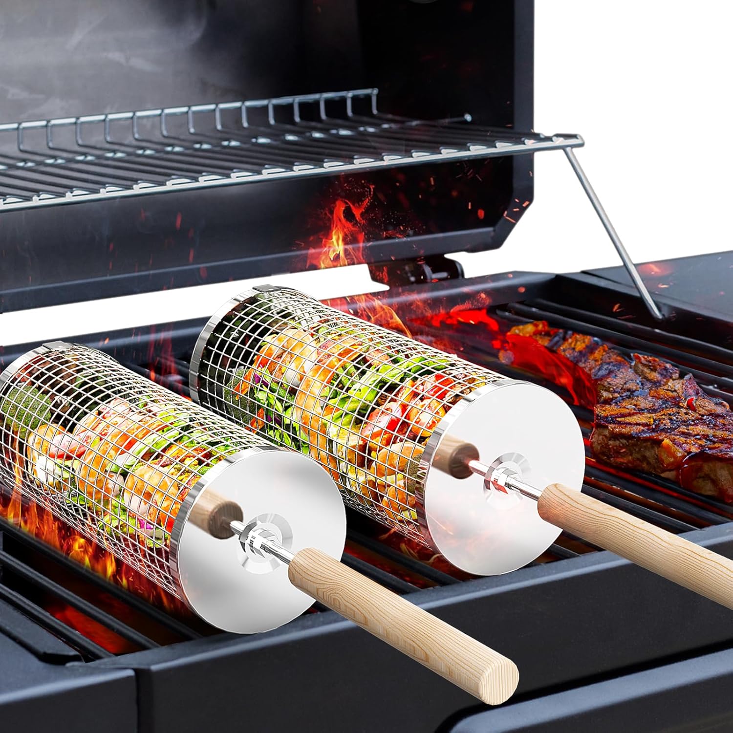 BBQ Grillmand 2 Pezzi Manici Legno Set