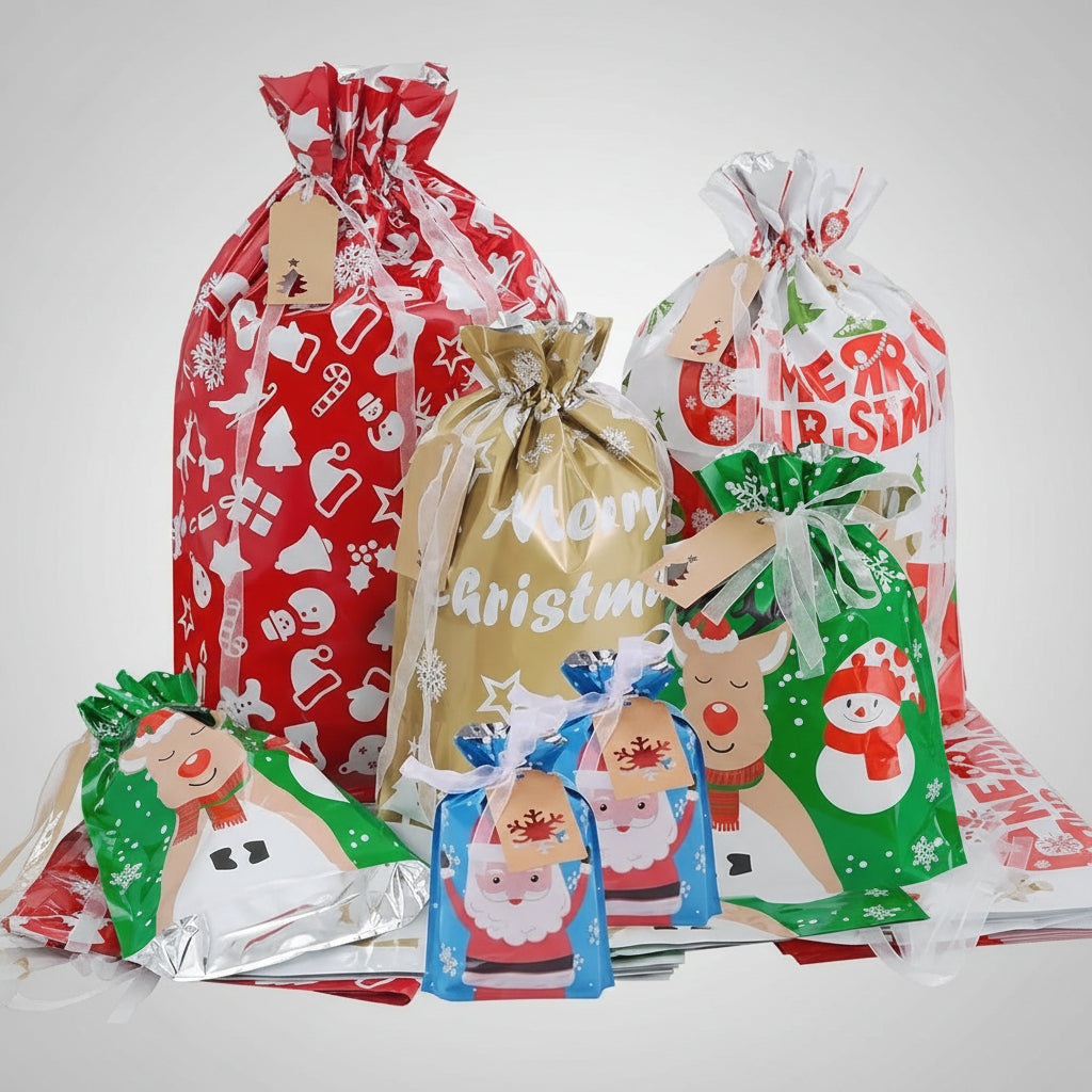 Christmas Gift Bag Drawstring Reusable Foil Bags Set 40 Pieces