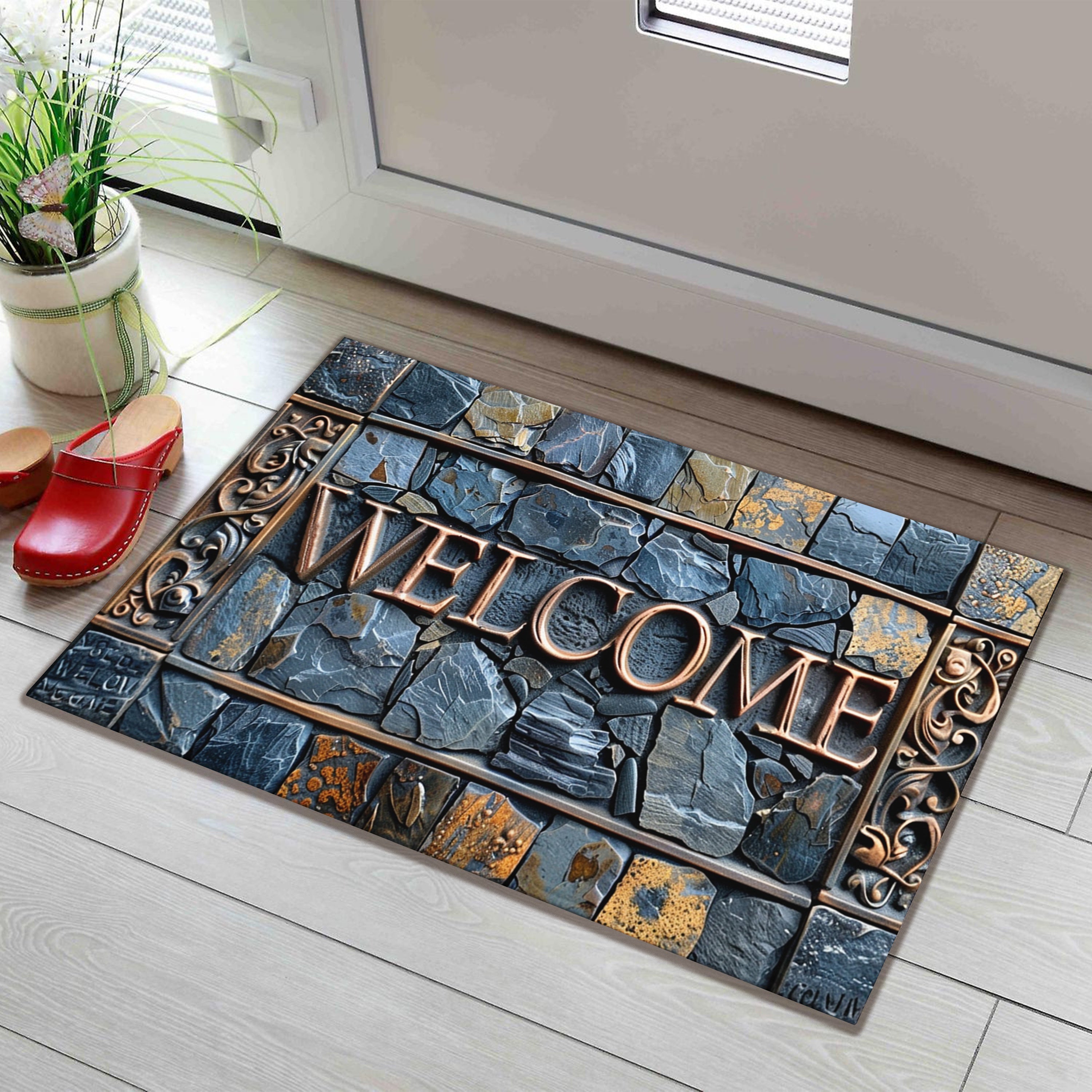 Welcome 3D Tappeto di Pietra – Antiscivolo, Impermeabile e Lavabile – Per Interni ed Esterni