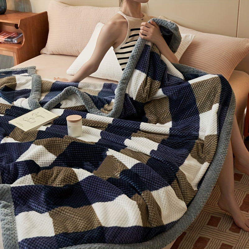 Manta de forro polar de leche a cuadros acogedora - Manta de invierno gruesa y suave para oficina y comodidad en la cama, lavable a máquina