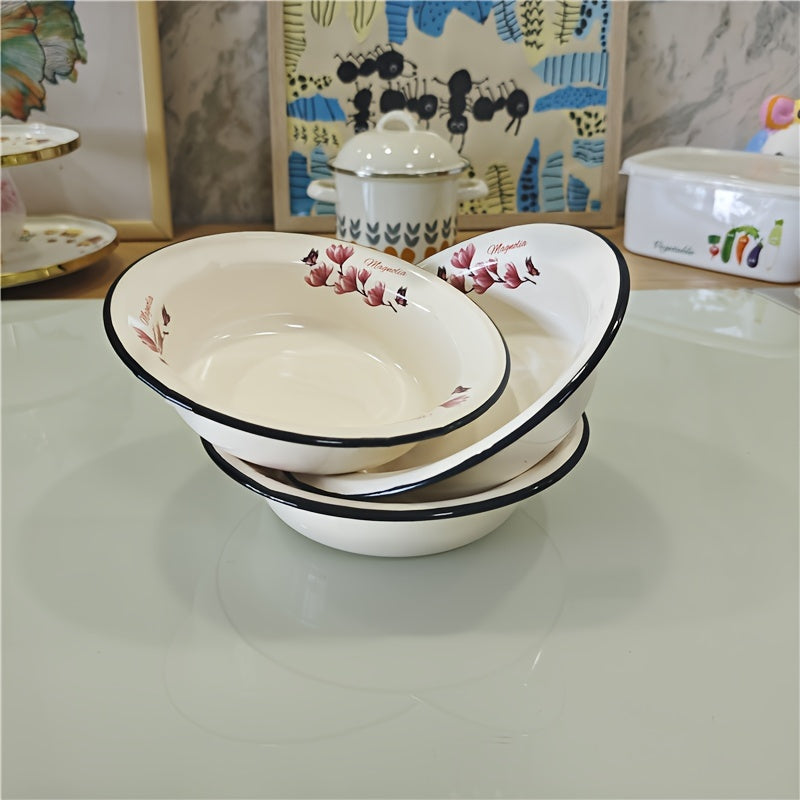 FlowerEnamel - Conjunto de 3 Peças Tigelas de Esmalte com Flores Vintage para Cozinha e Sala de Jantar
