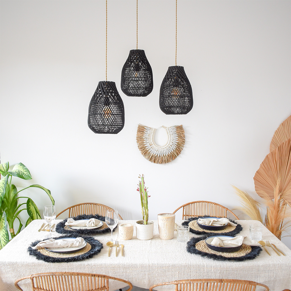 Lampada a sospensione intrecciata a mano in rattan nero stile fattoria classica