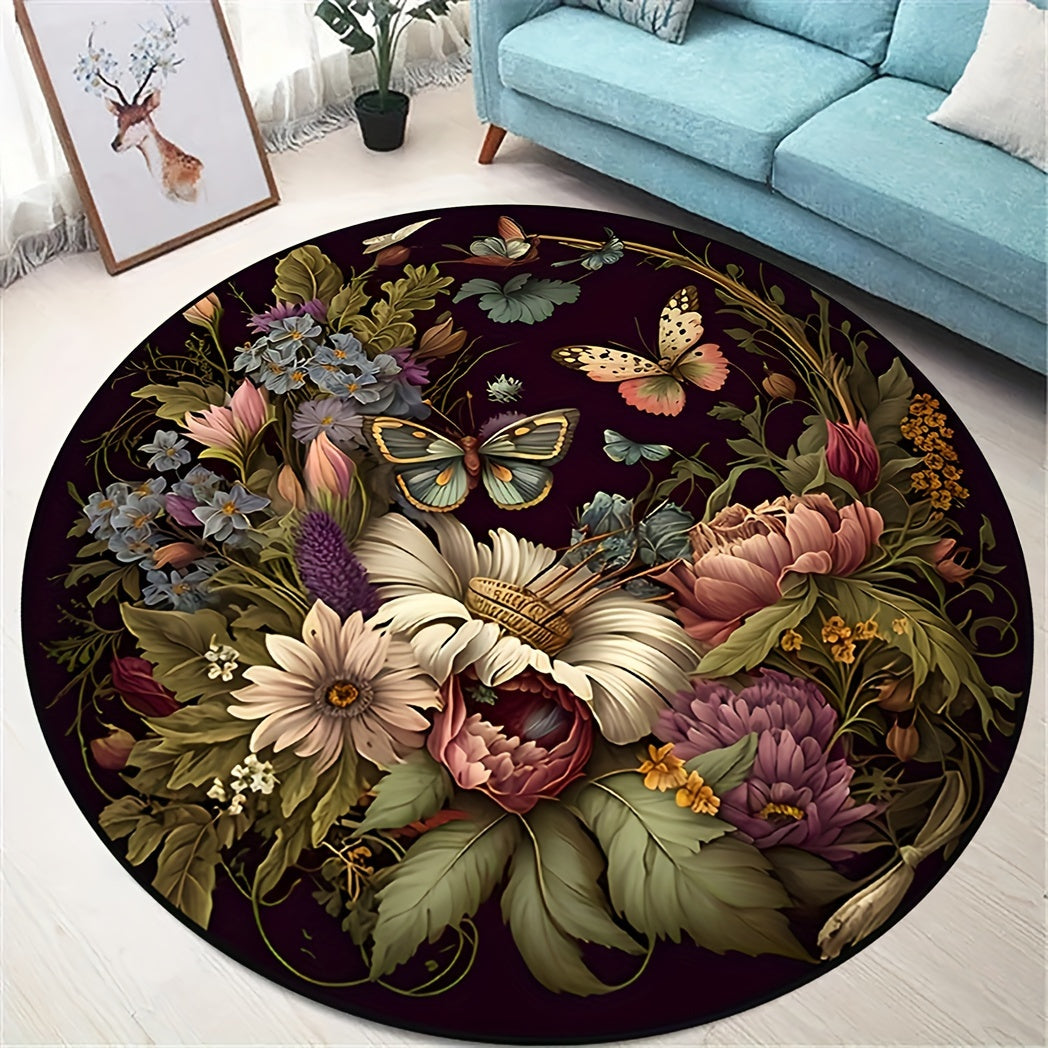 Alfombra Redonda Floral Mariposa Oscura - Antideslizante, Lavable, Suave y Cómoda Alfombra de Poliéster para Sala, Dormitorio, Oficina y Habitación Infantil