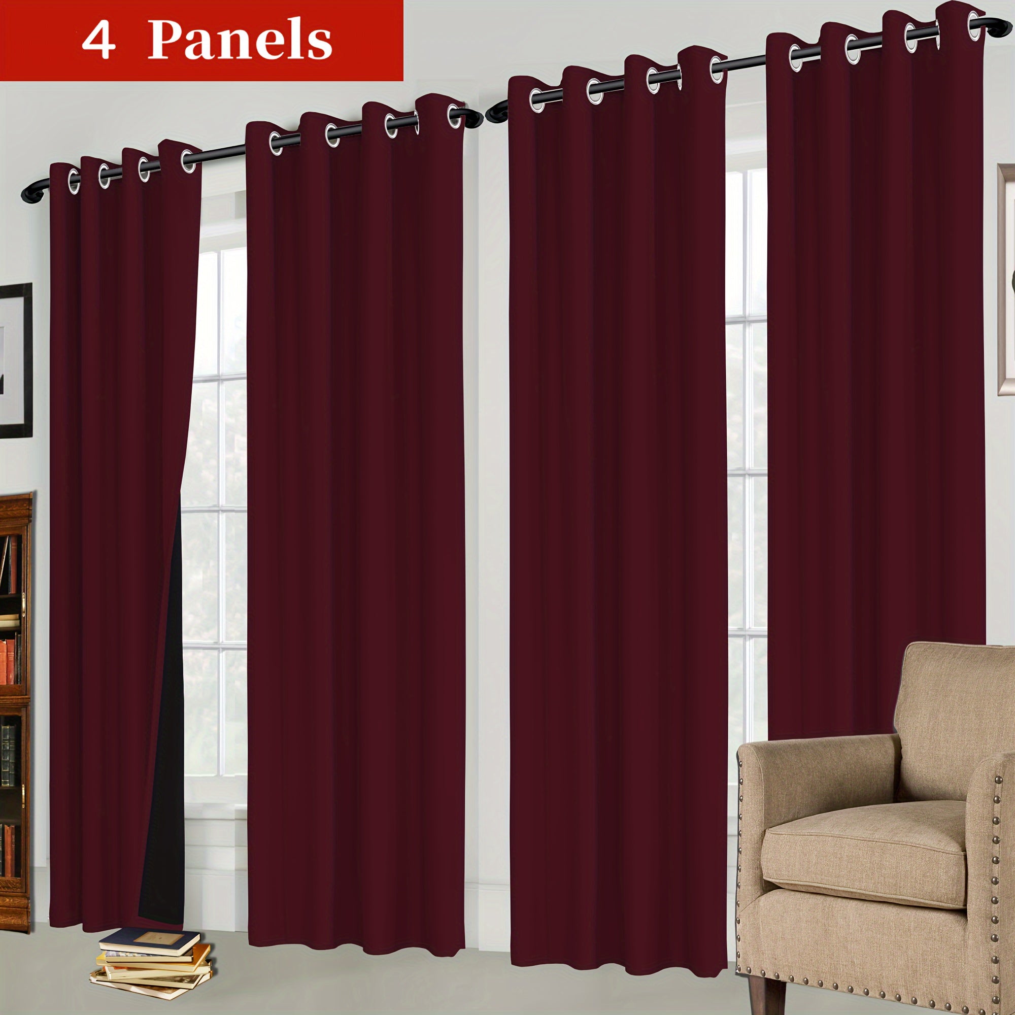 4-piece Set of Blackout Curtains with Rings - Heat Insulating, Privacy Protection