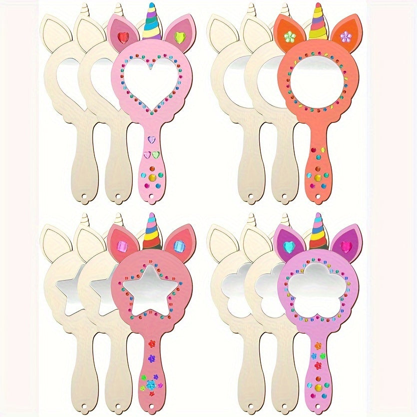 12 Piezas Espejos de Madera DIY Unicornio - Grafiti Pintado a Mano, Decoración de Pared sin Batería