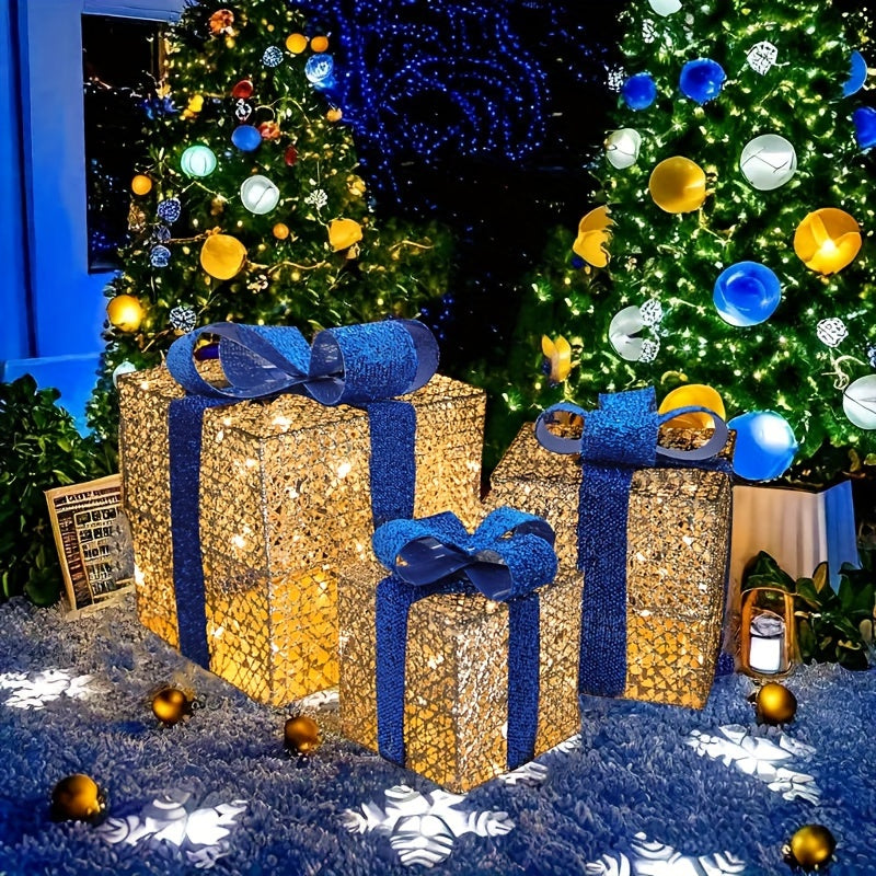 GlowGifts - Set di 3 Scatole Regalo di Natale Illuminati con Fiocchi