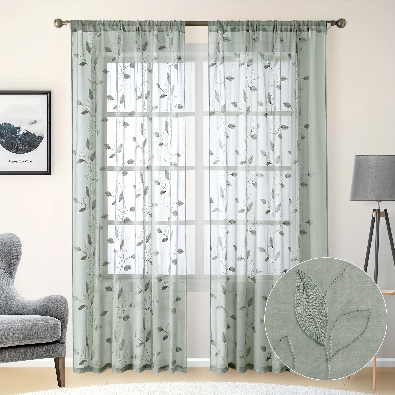 Embroidered Curtains with Leaves - 2 Pieces Semi-transparent for Bedroom and Living Room