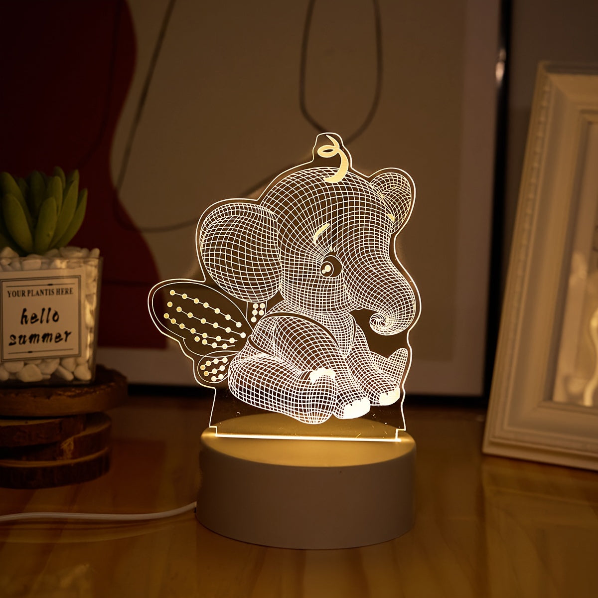 AngelElephant - Lámpara de noche LED 3D ilusión, lámpara de mesa alimentada por USB