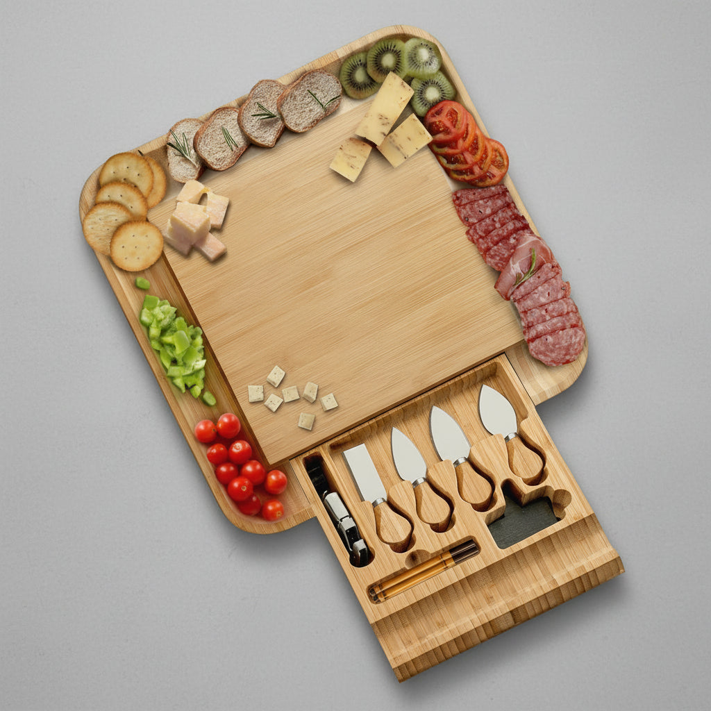 Bamboo Charcuterie Board Set Hidden Drawer Tool