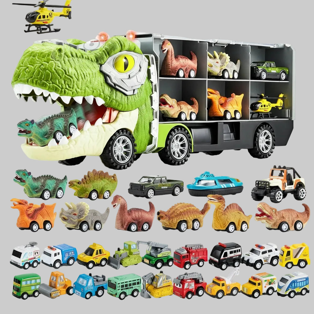 Set Gioco Camion Trasporto Dinosauri Mini Auto Elicottero