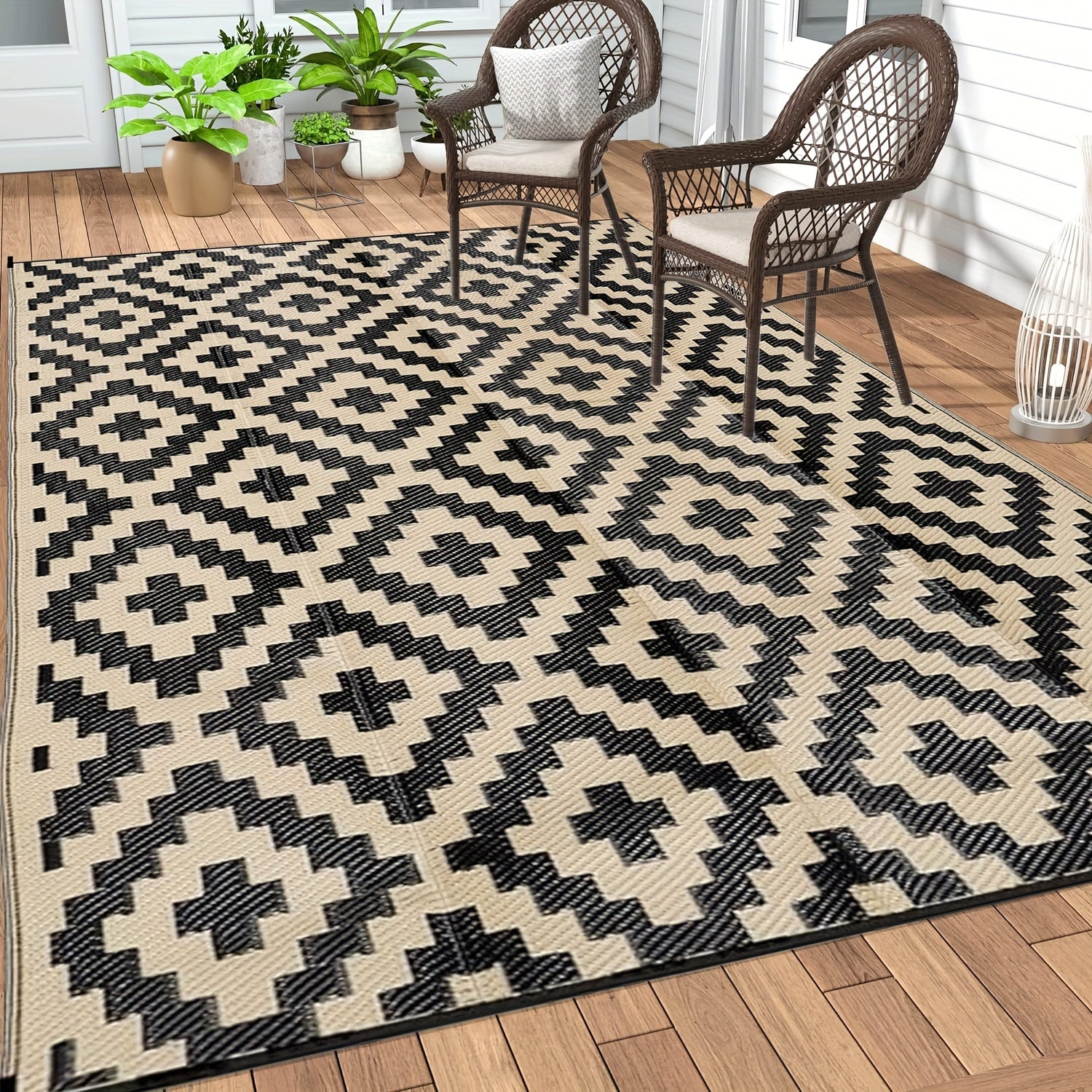 Alfombra exterior plegable estilo bohemio – alfombra de patio impermeable y reversible para balcón, terraza, camping y autocaravana