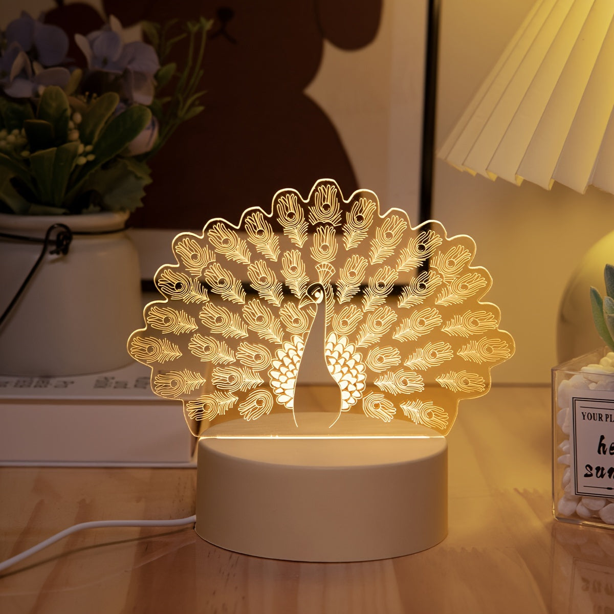 LumiPauw - Lampada da scrivania LED creativa alimentata via USB, moderna lampada notturna pavone