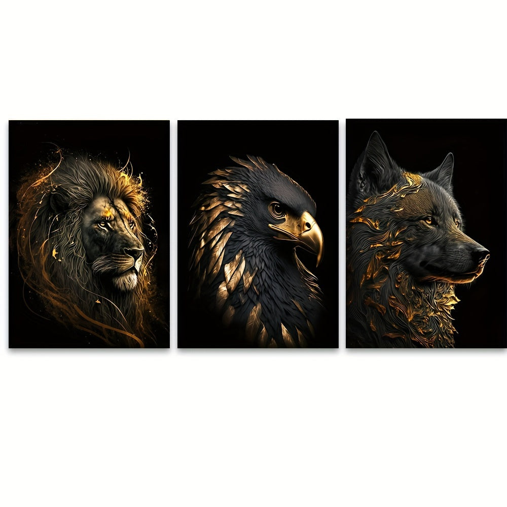 3 pezzi Poster in Tela Non Incorniciati - Arte Moderna, Dipinti Astratti del Leone d'Oro e dell'Aquila, Regalo Ideale per Camera da Letto, Soggiorno, Corridoio, Decorazione da Parete, Decorazione Invernale, Abbellimento della Stanza