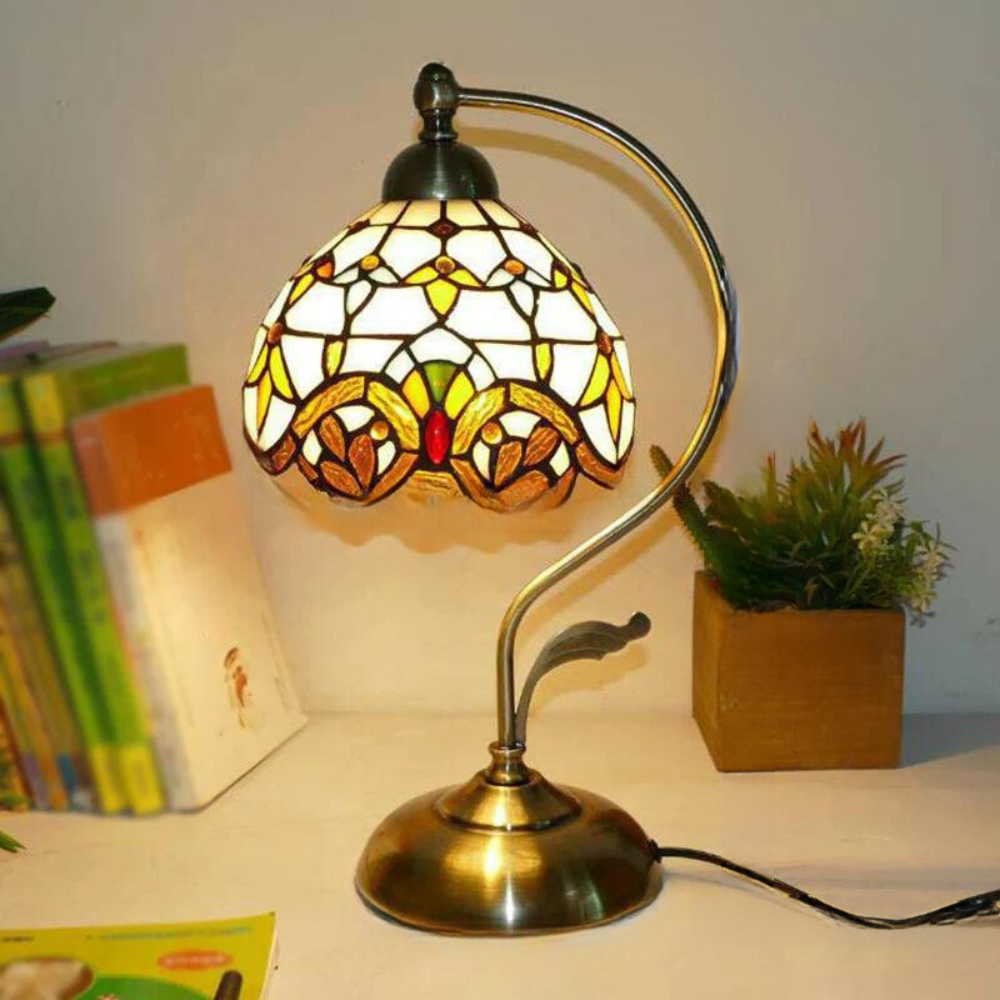 Tiffany Gooseneck Table Lamp - Metal Nightstand Lamp with Hand-Carved Glass Shade