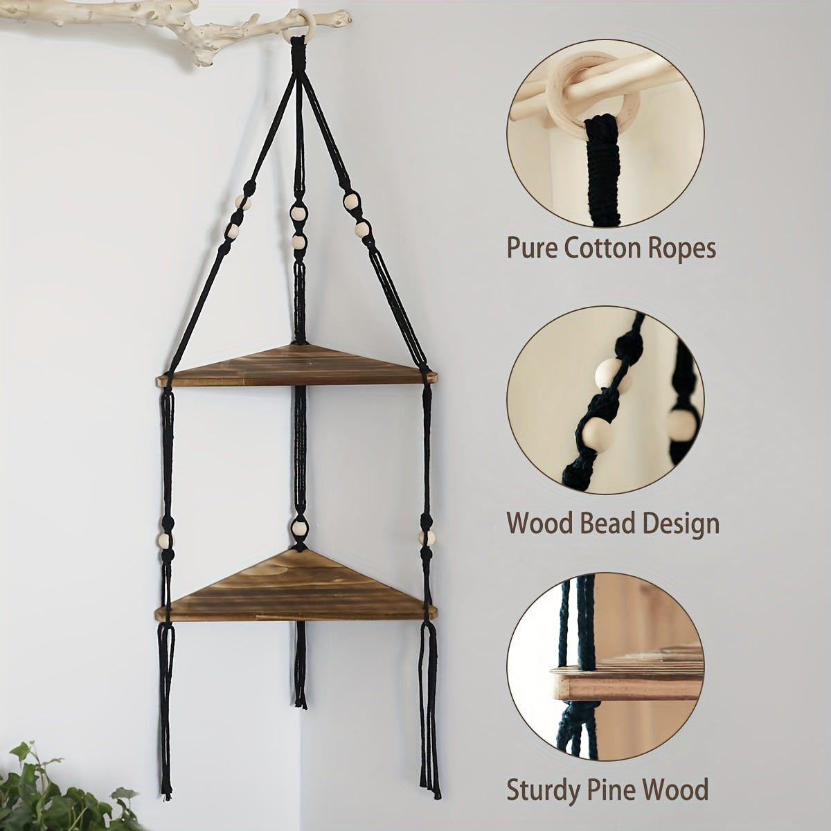MacrameShelf - Boho Floating Shelves with 2 Layers for Bedroom, Bathroom & Living Room