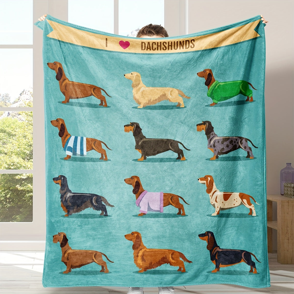 Teckel Fleece Blanket - Soft Flannel with Wiener Dog Print, Blue