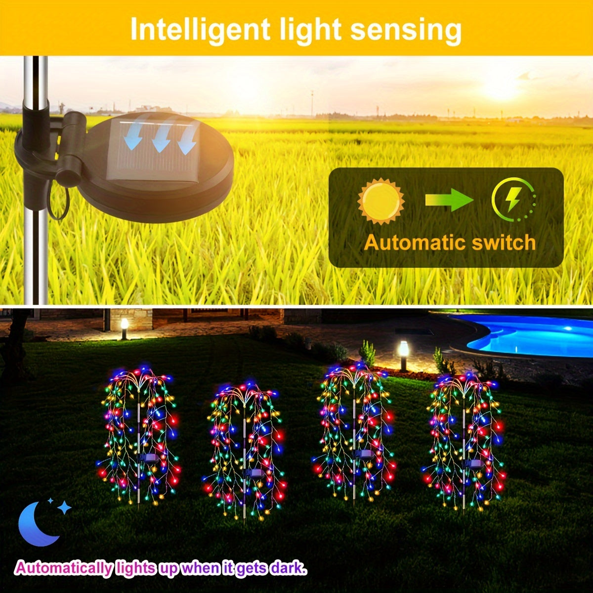 SolarGlimmer - Lámpara de jardín LED de fuegos artificiales con energía solar y 8 modos de luz