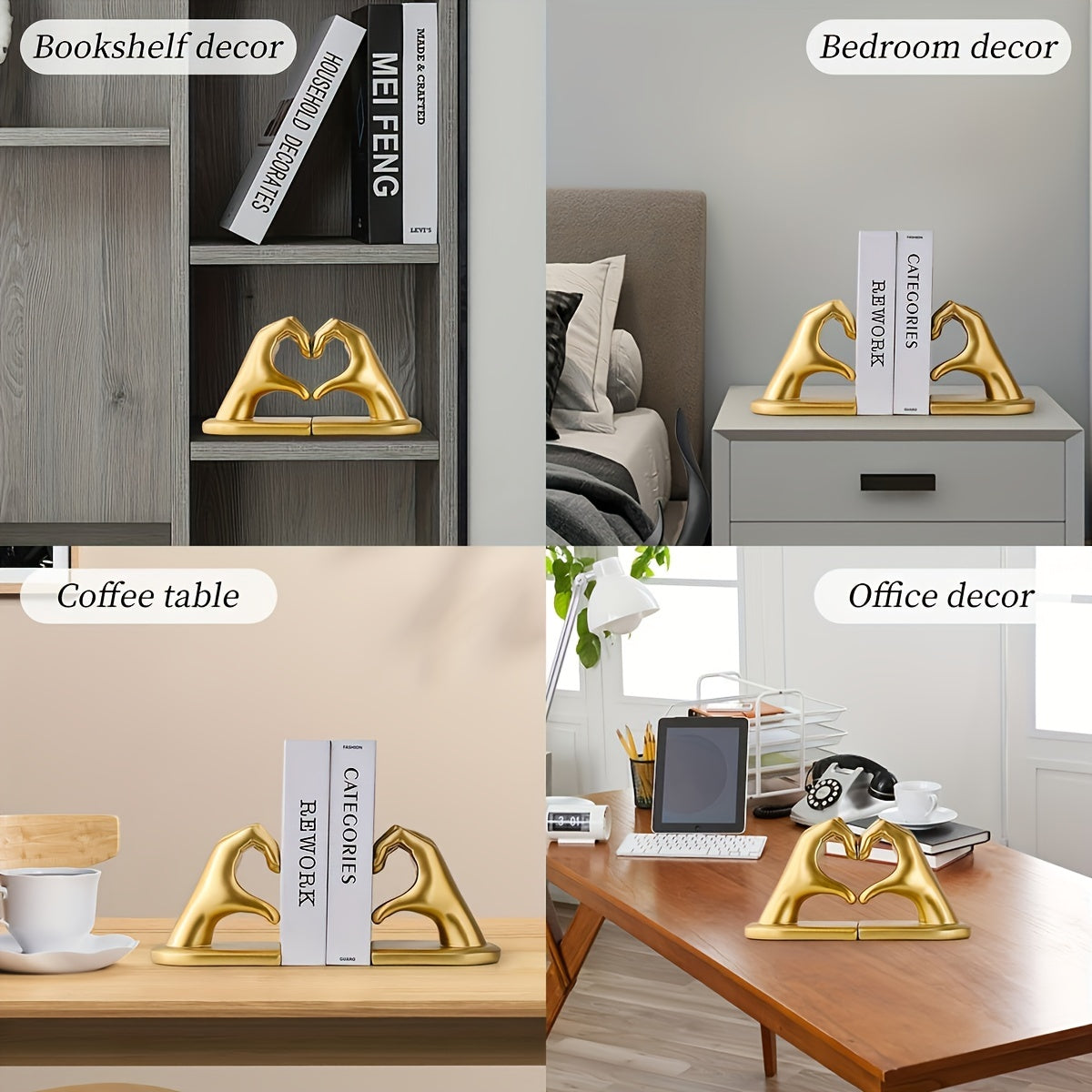 GoldenHeart - Conjunto de 2 Suportes para Livros - Escultura de Arte Moderna para Decoração de Casa